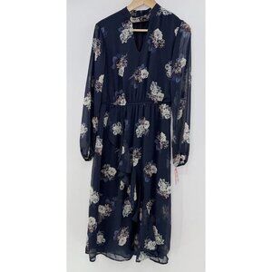 Xhilaration Floral Print Long Sleeve V-Neck Tiered Ruffle Dress Navy Size M Boho